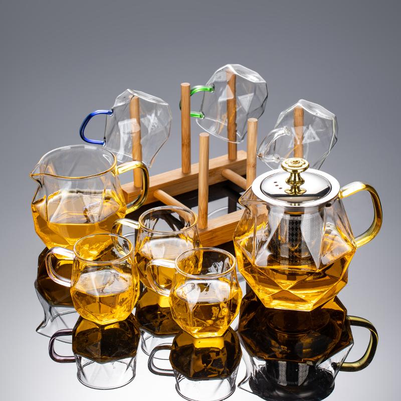 

1 set, diamond pattern glass teapot, stainless steel removable tea infuser, teapot and 6-cup tea tray set, Kung Fu tea set