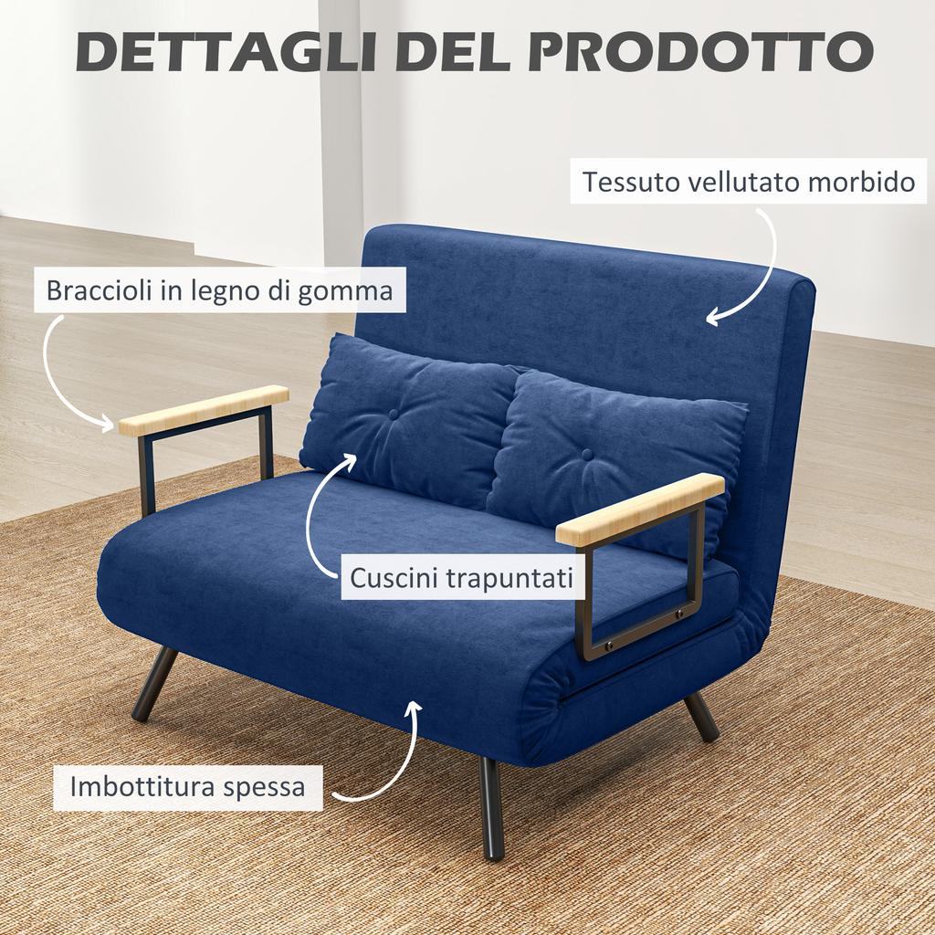 Sofa Bed 3 In 1 In Velvet-Effect Fabric with Adjustable Backrest and 2 Cushions, 102x73x81 Cm, Blue