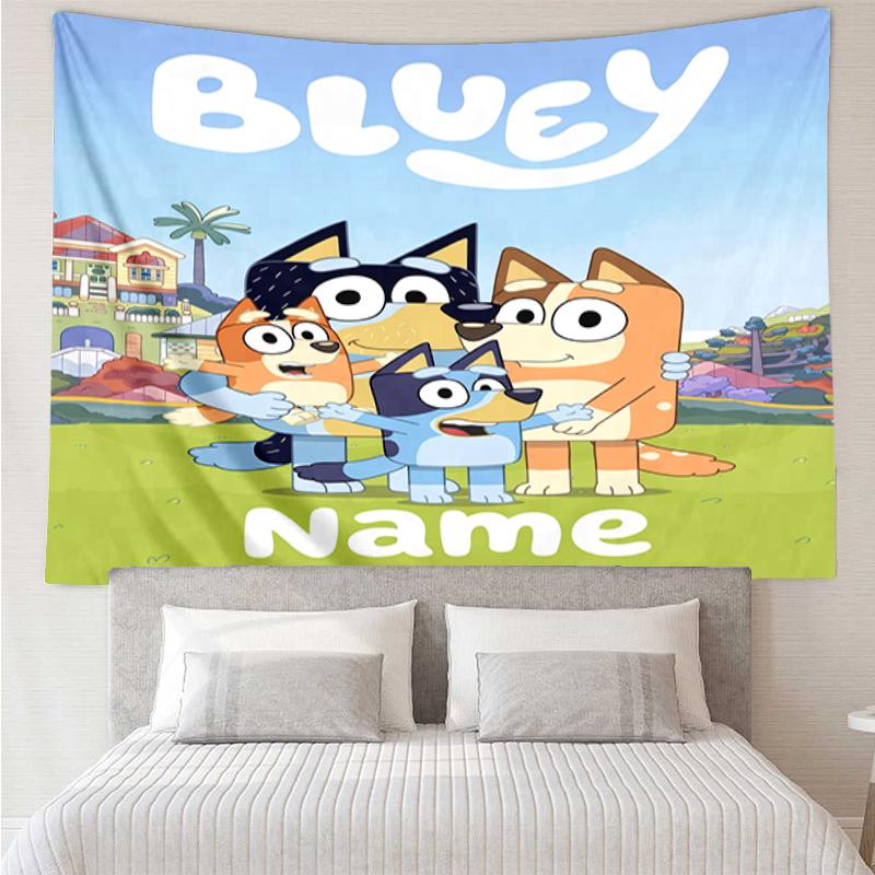 Custom Name Bluey Print Tapestry, Backdrop, Easy Setup, Ideal for Bedroom, Office & Living Room, with Aesthetic Wall Hanging Decor.