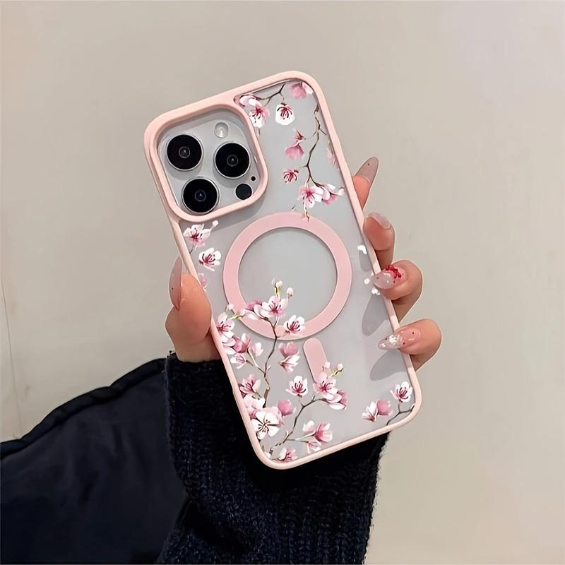 Pink Cherry Elegant Floral Background Design Magnetic Phone Case For iPhone 17 16 15 14 13 12 Pro Max 11 16 Plus 16E 17Air Cover