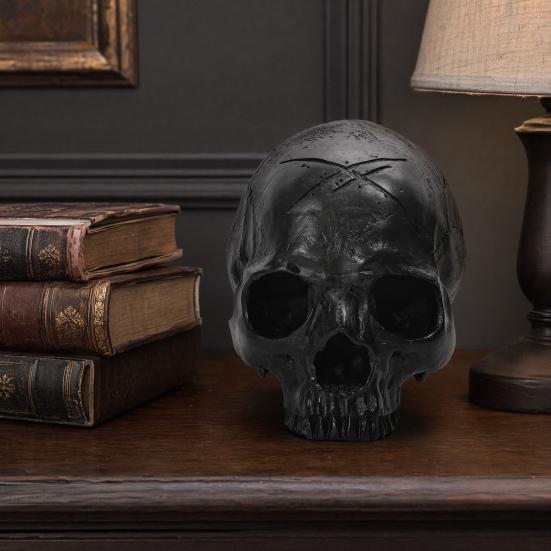 Yousheng Resin Skull Ornament, Dark Style Skull Halloween Prop, Sturdy Durable Teaching Model, Matte Black Anatomy