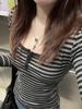 Color-Woven Plush Striped U-Neck Long Sleeve T-Shirt, Slimming and Sexy Autumn 2025 Fashion.