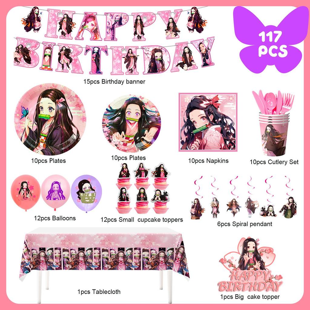 Dekorace na narozeninovou oslavu Nezuko, 117 ks party dekorací zahrnuje balónky, party talíře Nezuko, ubrousky atd. Dekorace na narozeniny s démonickým anime