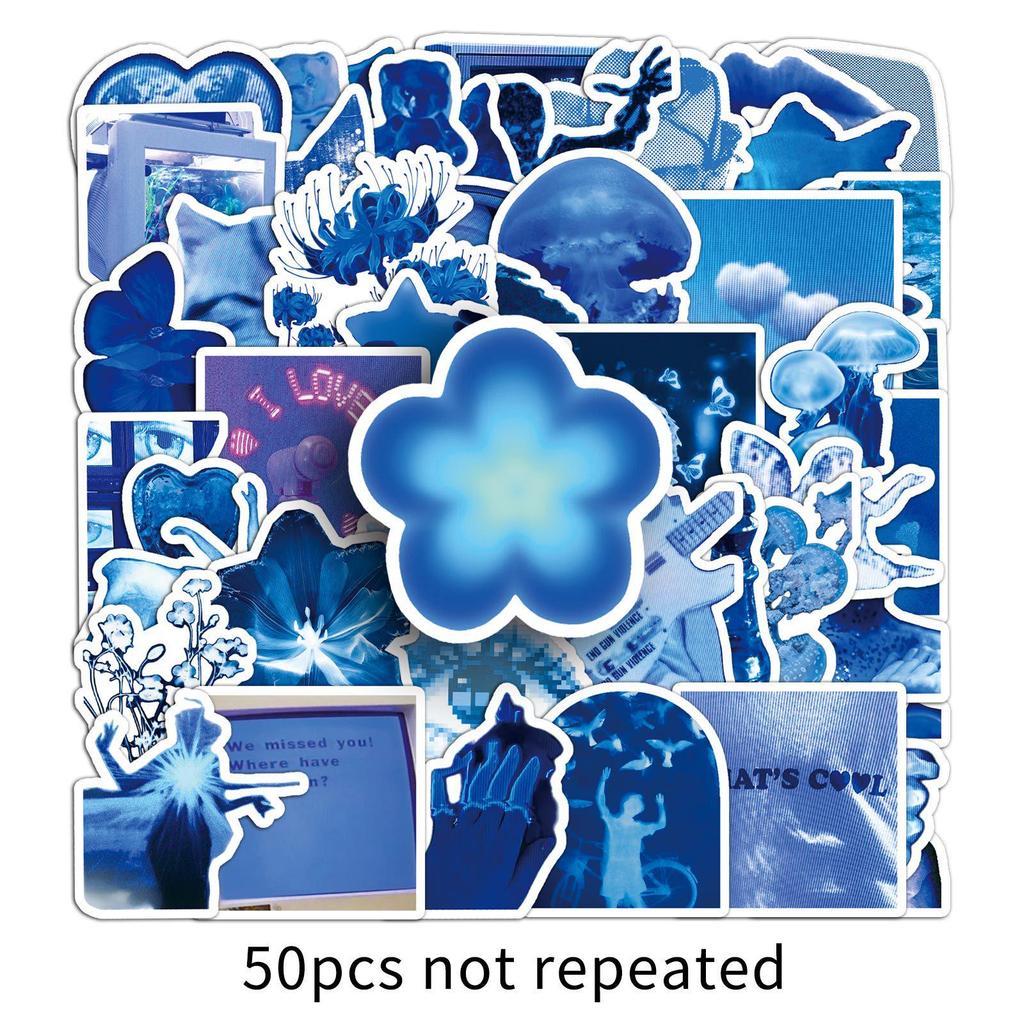 50 Trendy Low-Pixel Blue Cartoon Stickers for Storage Boxes, Helmets, Cars, Headphones, Luggage, and Desktops