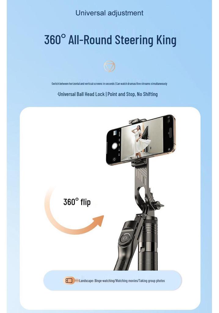 360° Rotating Aluminum Selfie Stick Tripod with Anti-Shake and Universal Live Streaming Holder