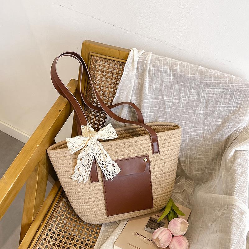 Summer New Woven Tote Bag Fashionable Splicing Large-capacity Versatile Shoulder Underarm Bag Simple Casual Handbag