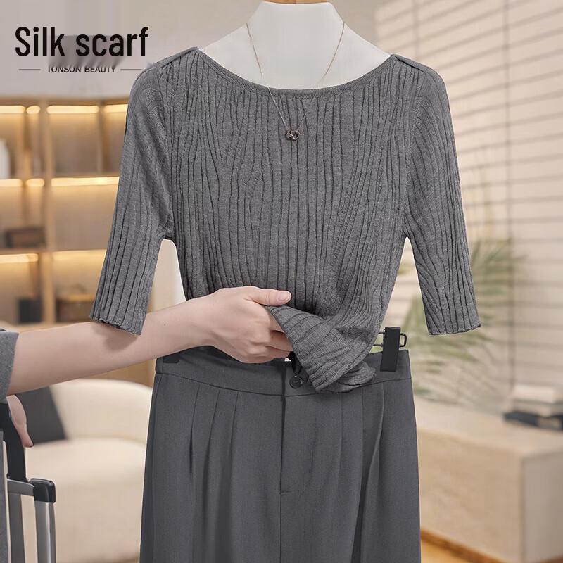 Women s Slim Fit Wool Blend Short-Sleeve Round Neck Knit Top One Size