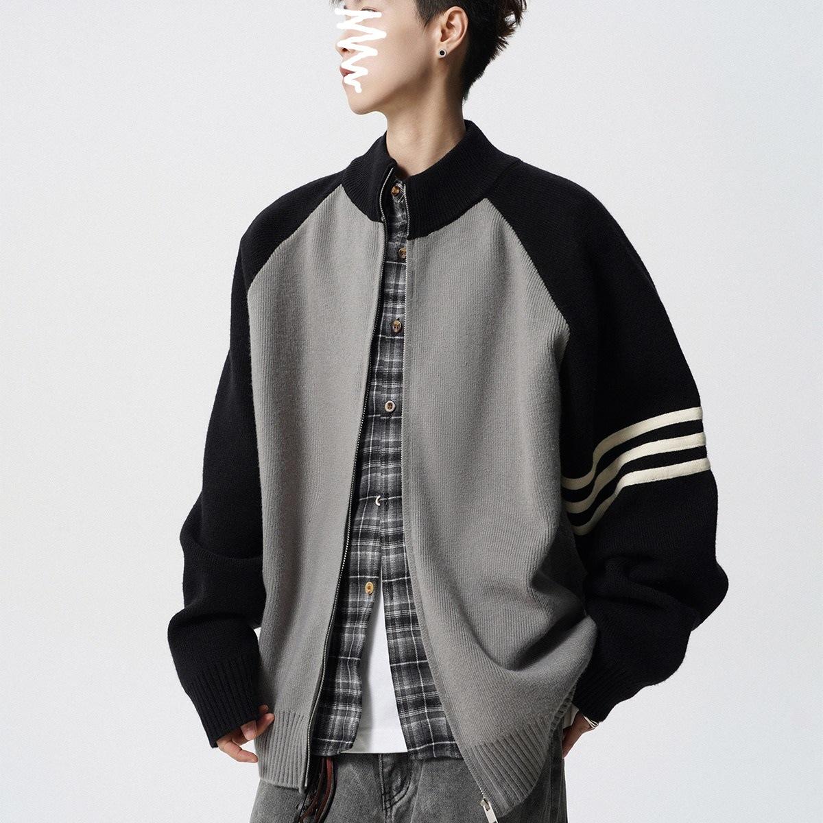 

Trendy brand splicing contrasting color cardigan jacket men s winter American lazy wind couple knitted sweater high street ruffian handsome sweater 3XL світло-сірого кольору