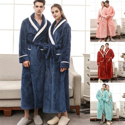 Couples Winter Lengthened Bathrobe Splicing Home Clothes Long Sleeved Robe Coat