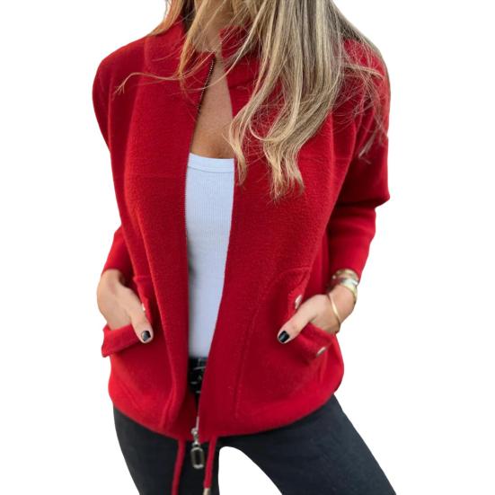 Women Jacket Stand Collar Long Sleeve Woolen Coat with Pockets Solid Color Warm Lightweight Coat Daily Wear