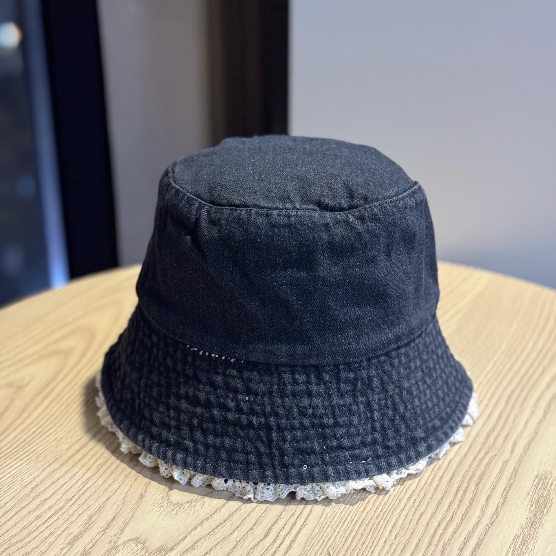 Elegant and cute fisherman hat with lace trim, denim sun protection bucket hat, sunshade, college style, face-slimming bucket hat for women Adult54-60Adjustable чёрный