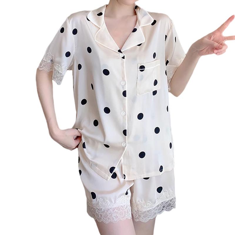 French High-Value Short-Sleeved Pajamas Women'S Summer Polka Dot Lace Edge Ice Silk Satin Loungewear Set