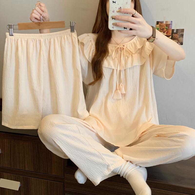 Princess Purple White Pajamas Women'S Summer Thin Short-Sleeved High-Value Loungewear Cloud Cotton Three-Piece Set
