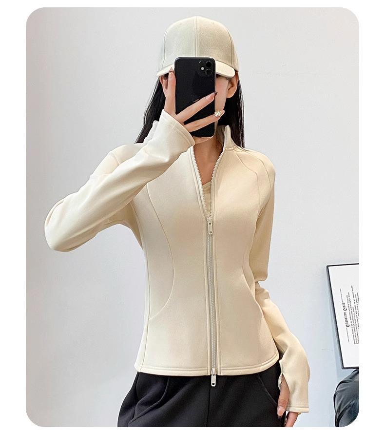 Women's Stand Collar Velvet-Lined Sports Jacket for Running, Cycling, and Yoga - Long Sleeve for Autumn & Winter