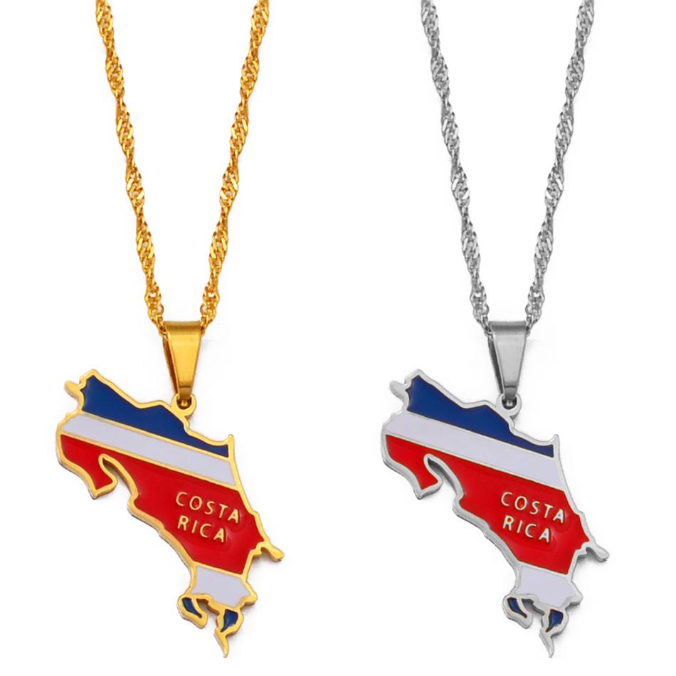 Costa Rica Flag Charm Necklace La Republica De Costa Rica Map Pendant with Thin Stainless Steel and Silver Chain #208721