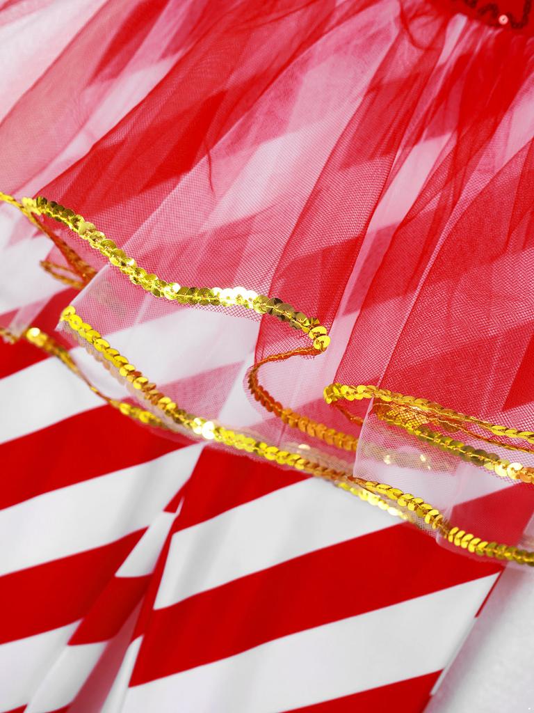 Girls Striped Jumpsuit Round Neck Long Sleeve Sequin Dance Leotard Christmas Party Wear