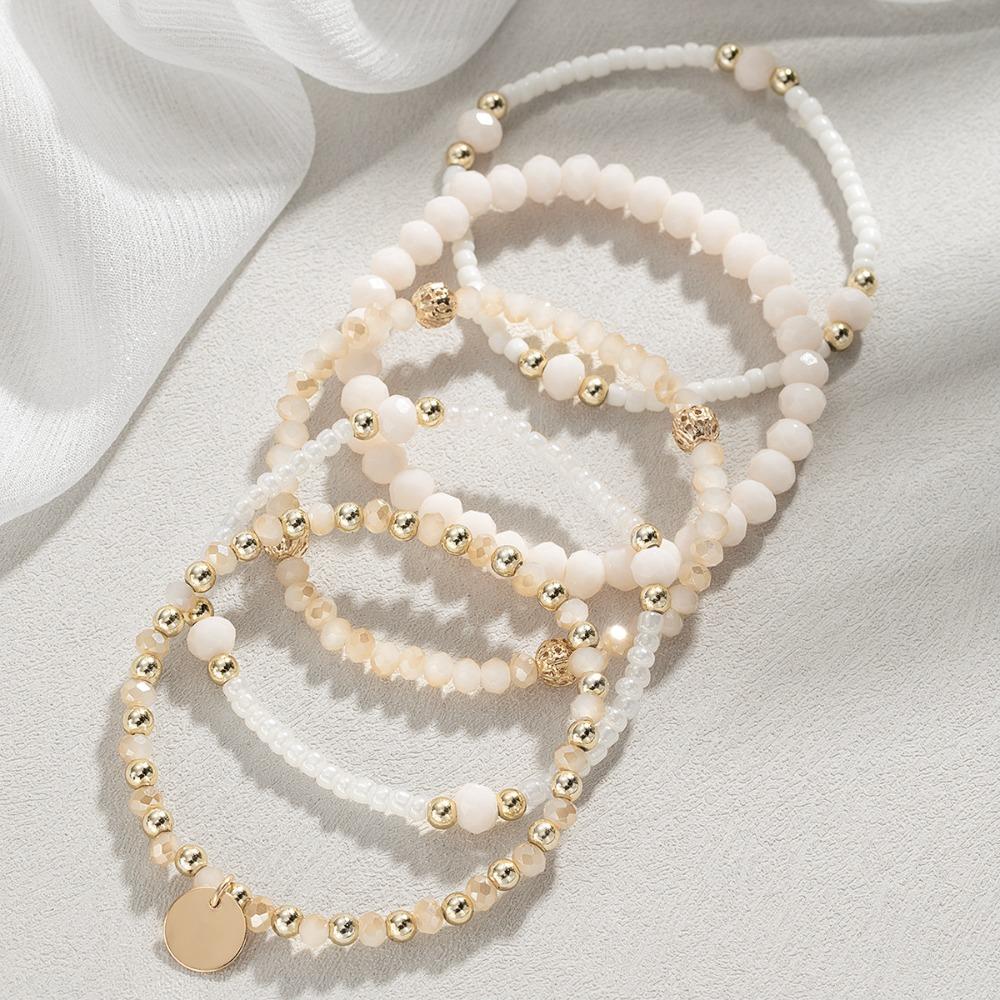 5-delige Set Mode Ronde IJzeren Plaat Imitatie Kristal Hars Kralen Elastische Armbanden voor Vrouwen Strand Vakantie Bedels Sieraden Sets