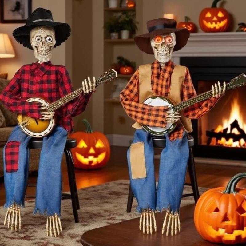 Dueling Banjo Playing Skeletons Halloween Decoration Set Illuminating Plastic Musicians For Home Yard Themed Parties