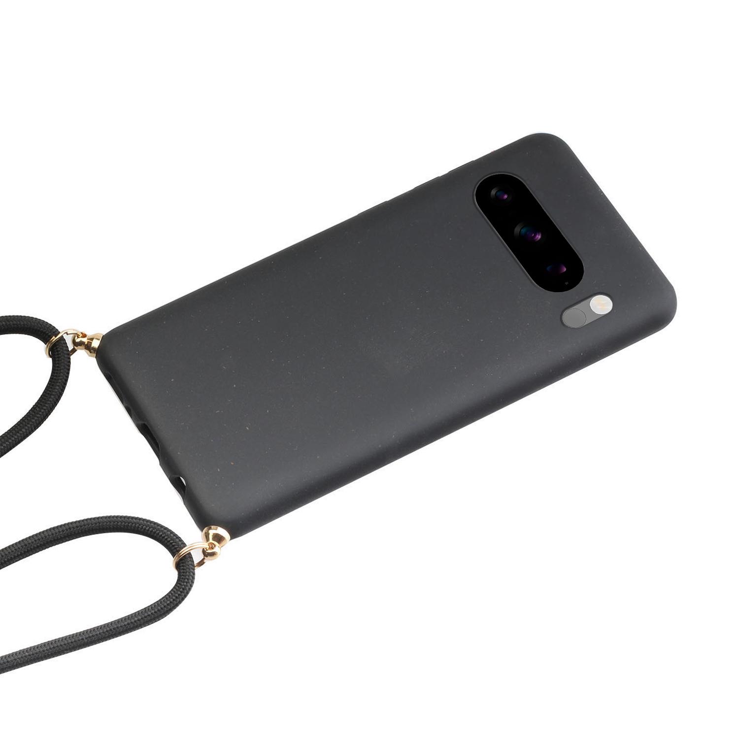 

For Google Pixel 8 Pro Case Cell Phone Cover Wheat Straw+TPU Shell with Lanyard Black