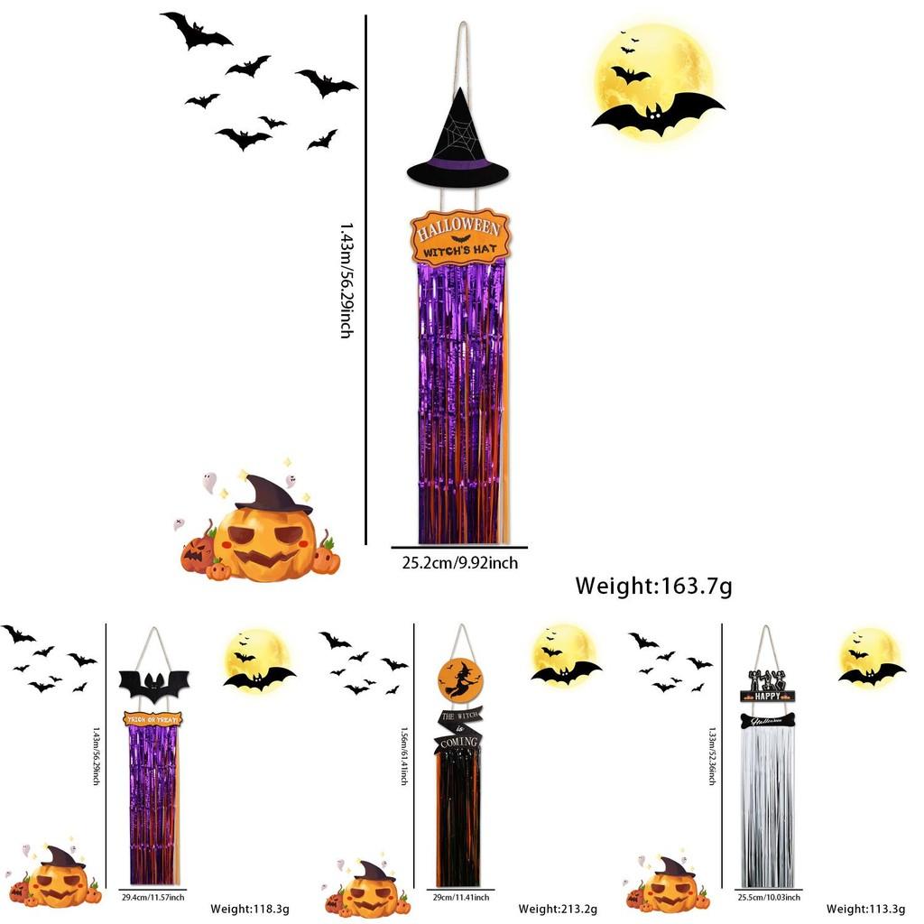 Halloween Eyecatching Wooden Sign With Rainy Tassels Featuring Bats Witches And Skeletons Decor For