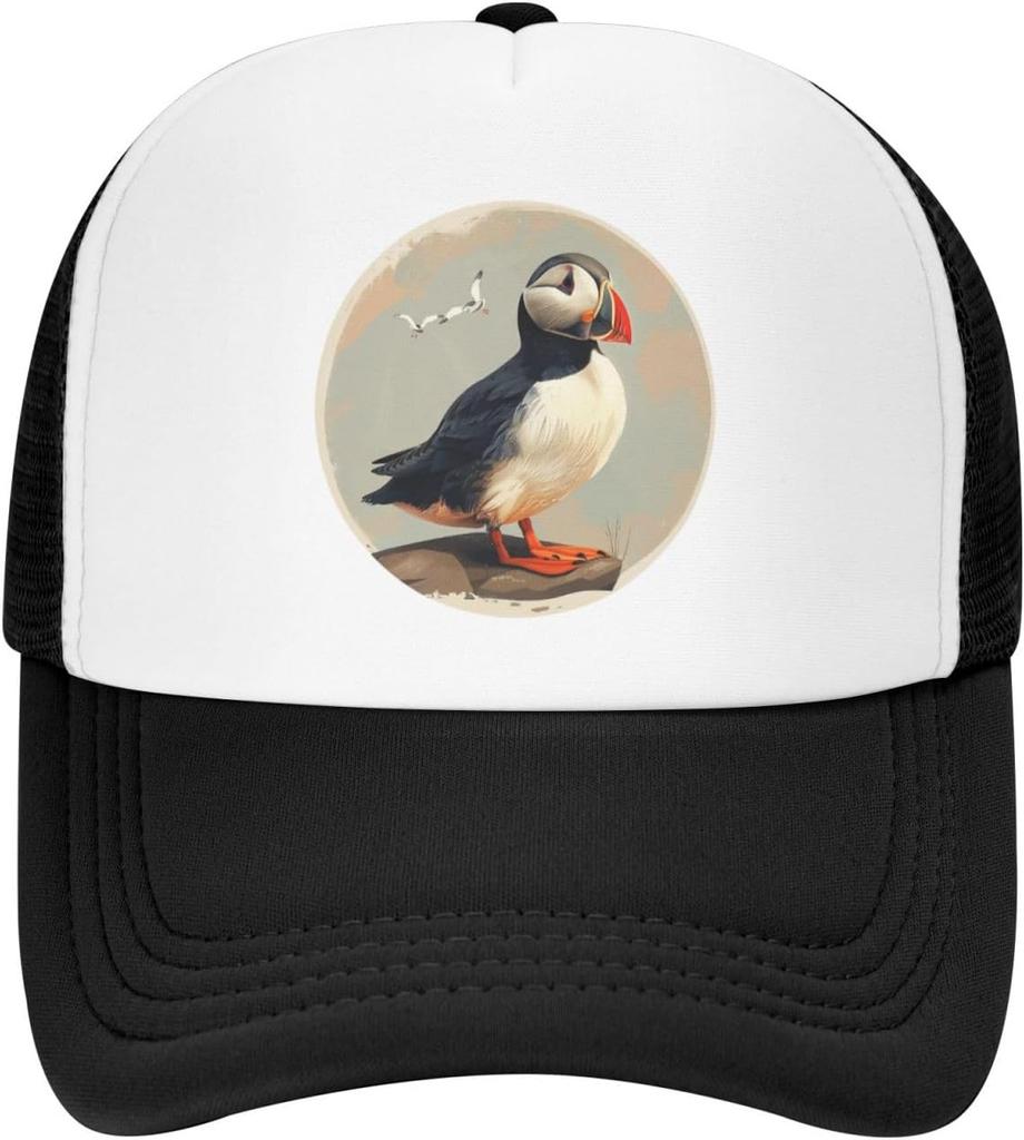 Puffin Bird Graphic Print Polyester Trucker Hat Adjustable Summer Casual Baseball Cap for Unisex