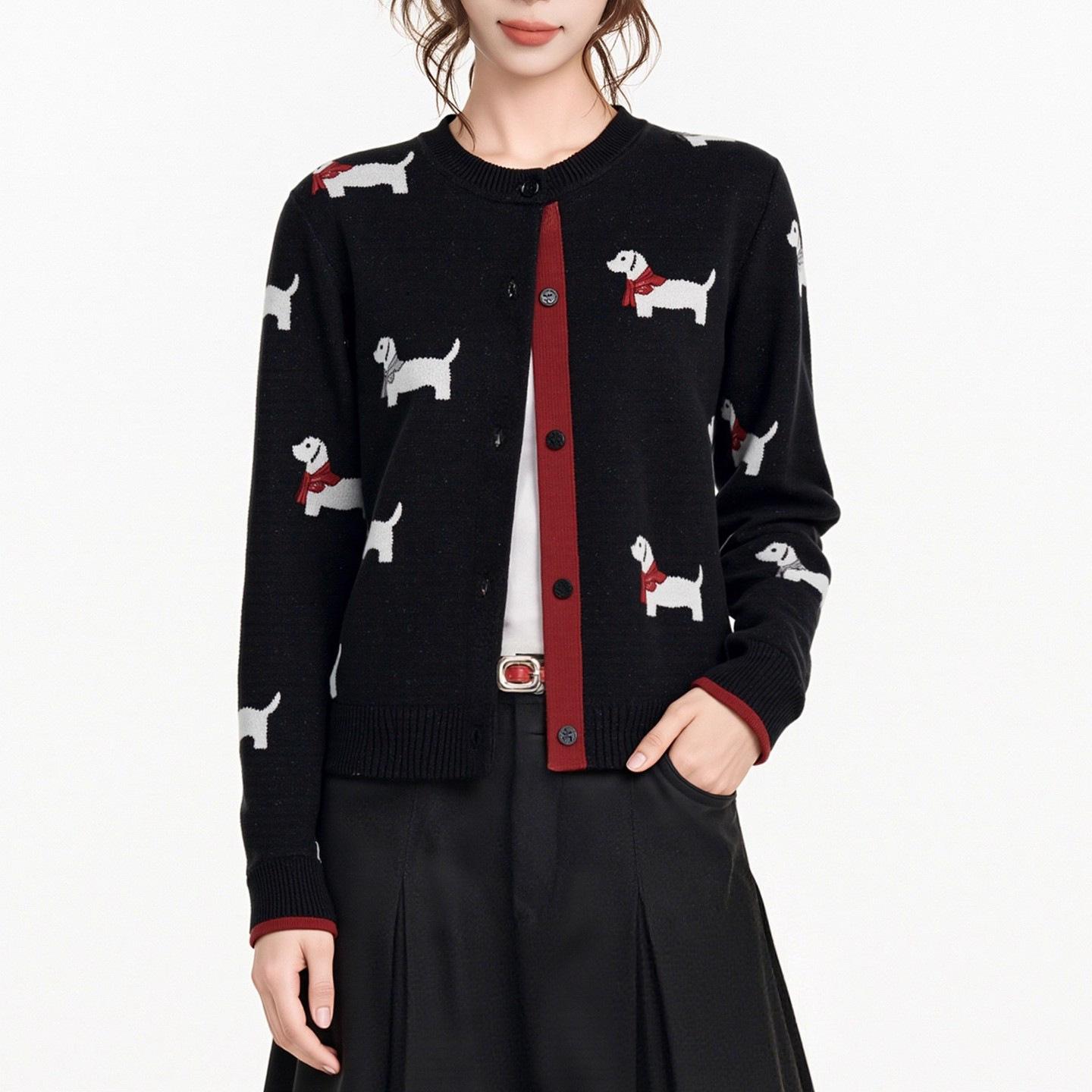 

Core-spun yarn washing water, fun puppy long-sleeved knitted cardigan, autumn and winter new loose and thin short sweater jacket one size fits all