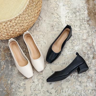 Fashion Woman Spring Elegant Square Toe Shallow Mouth Walk Mary Janes Leisure Female Black Designer 4CM High Heel Girl Work Shoes
