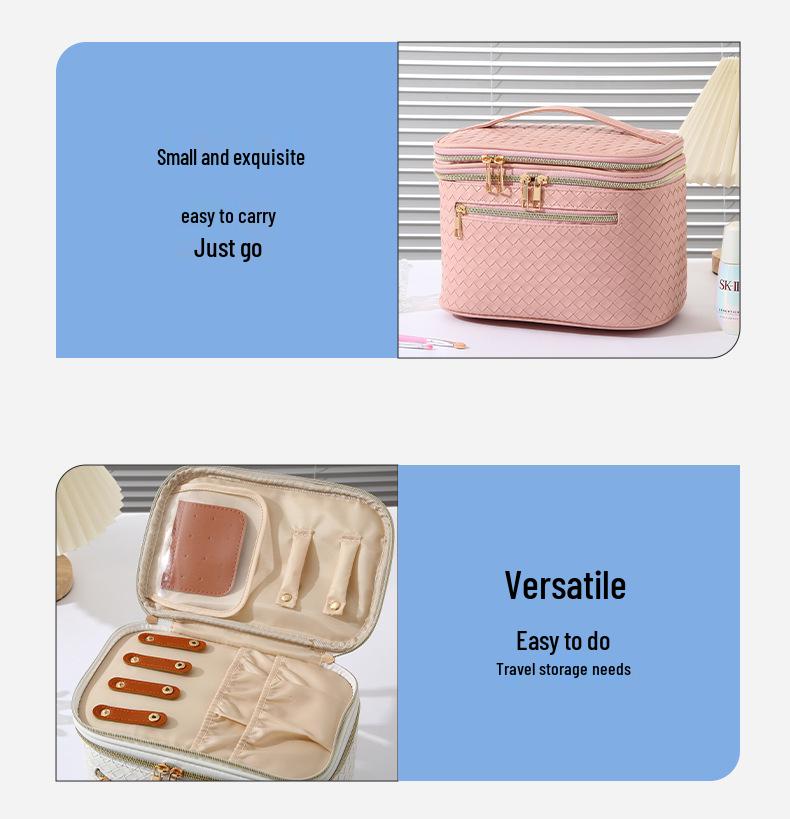 Flerfärgad dubbellagers PU-reseorganisatör för smycken och smink med vävd textur