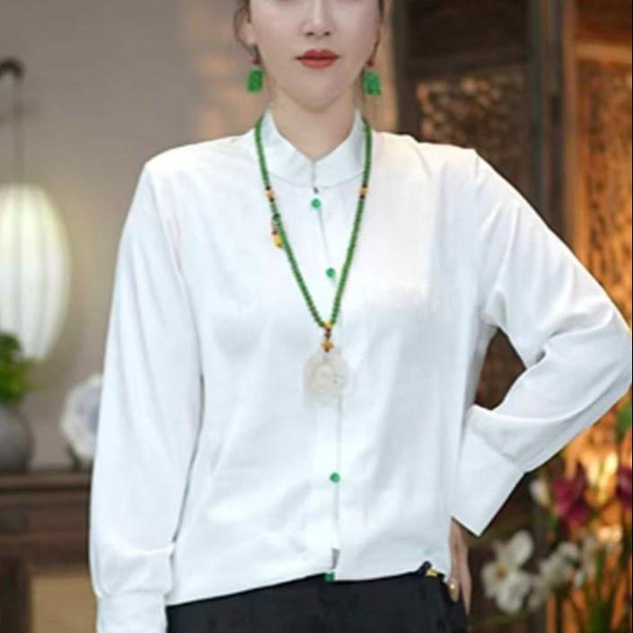 

Elegant Mandarin Collar Top with Frog Fastenings - Stylish Long-Sleeve Wear for Layering or Solo. No Returns/Exchanges. 3XL (recommended for 120-135 pounds) білий