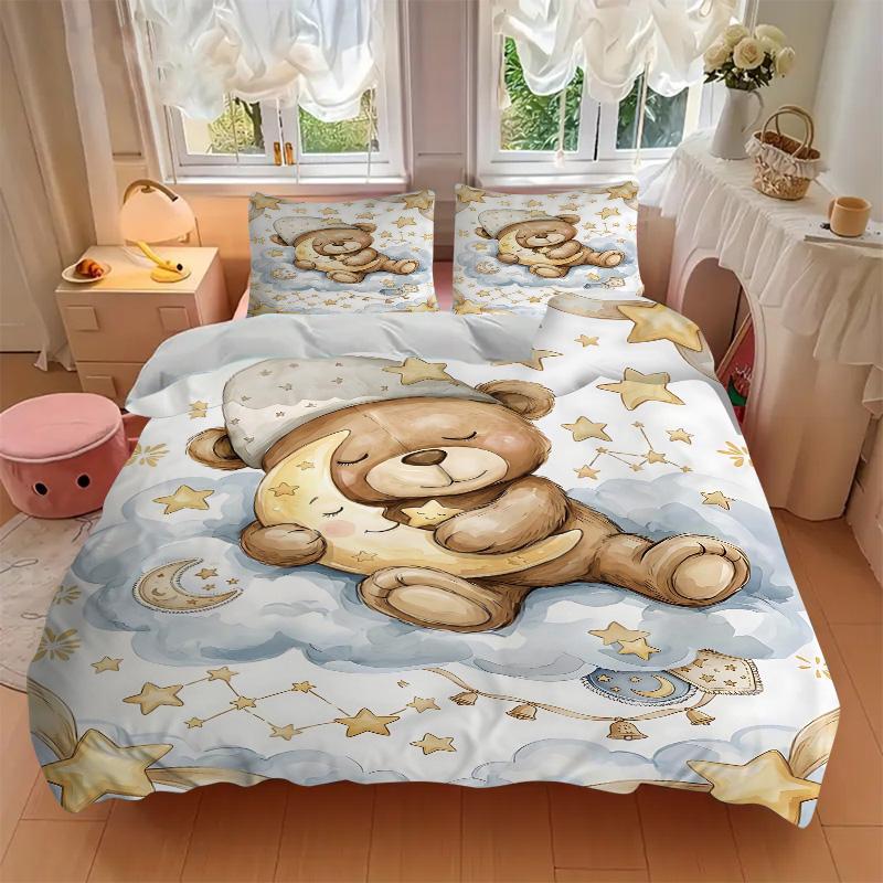 Teddy Bear Night Print 3Pcs Bedding Setduvet Cover With 2 Bedropillowcase Home Birthday Gift