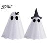 Léčivý styl Sváteční dekorace duchů Dekorace na Halloween, Strašidelná síťovina s flitry a kloboukem čarodějnice/mašlí, Roztomilé dekorace Malá stojící stolní dekorace