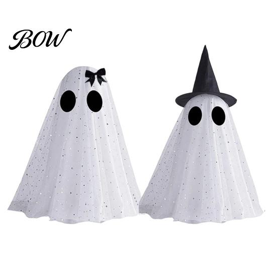 Léčivý styl Sváteční dekorace duchů Dekorace na Halloween, Strašidelná síťovina s flitry a kloboukem čarodějnice/mašlí, Roztomilé dekorace Malá stojící stolní dekorace
