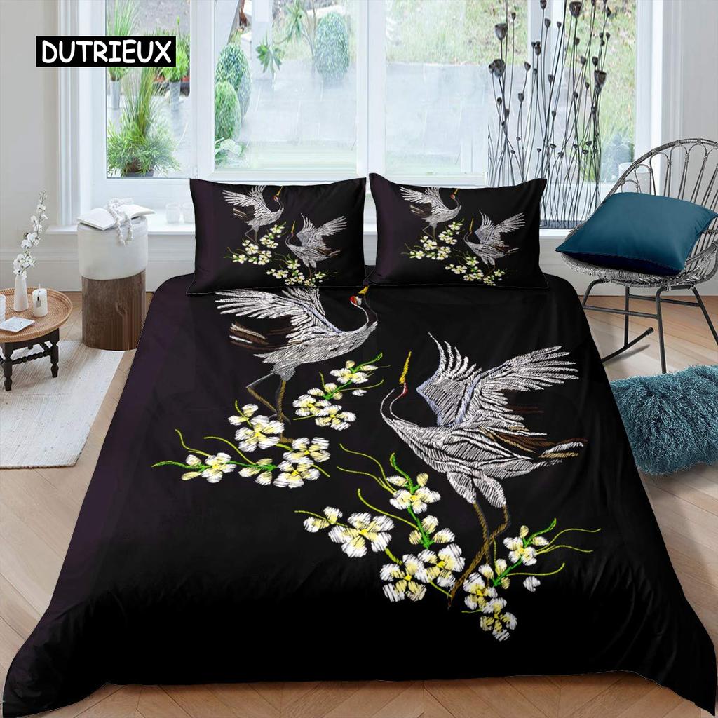 Zestaw Poszwy na Kołdrę Żuraw Rozmiar Queen Japoński Zestaw Pościeli Wzór Kwiatów Wiśni Kobiety Dziewczyny Japońska Tradycyjna Poszwa na Kołdrę