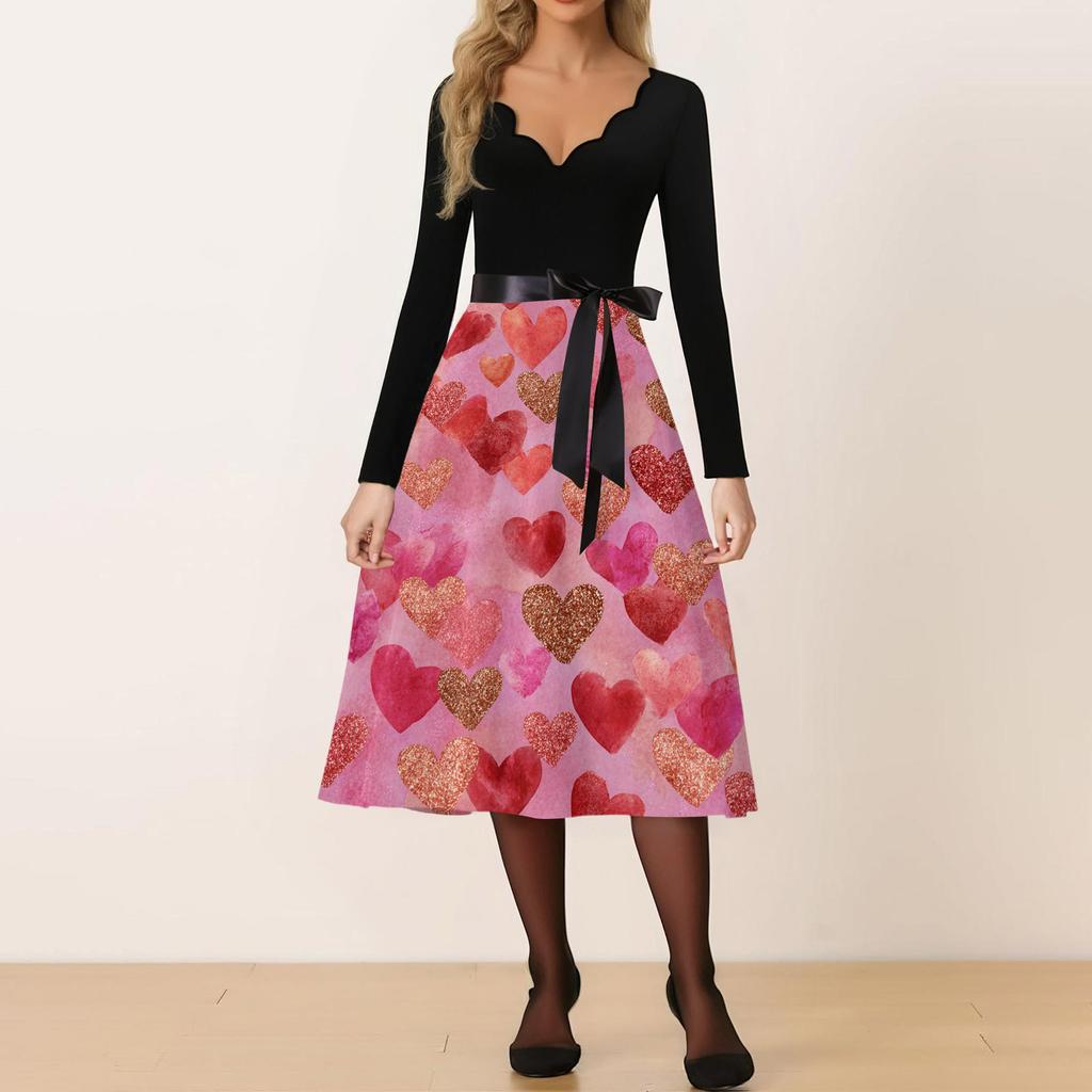 Damen Casual Mode V-Ausschnitt Valentinstag Print Retro Kleid