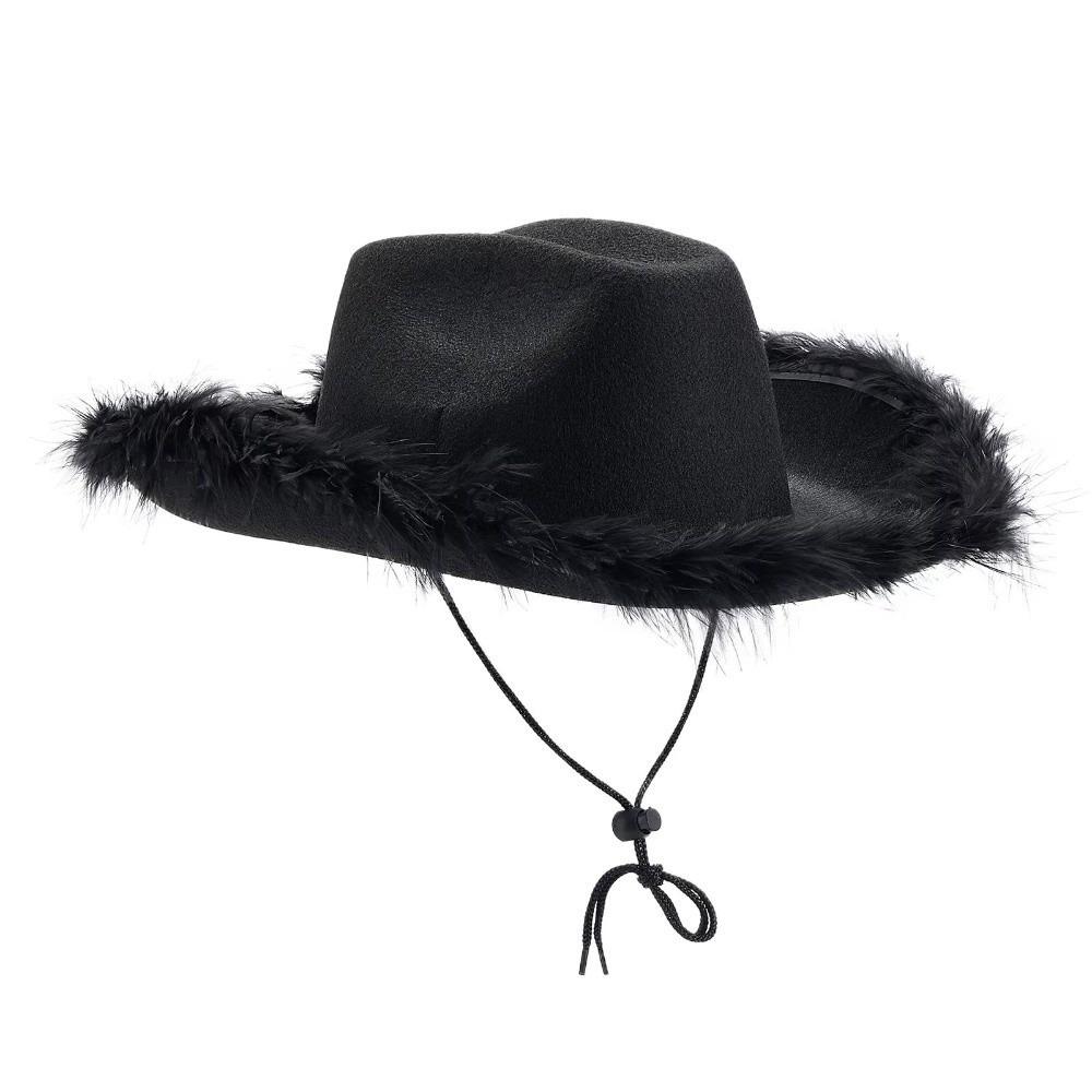Wide Brim Western Cowboy Hat Furry Trim Top Hat Classic Cowgirl Hat Street Party