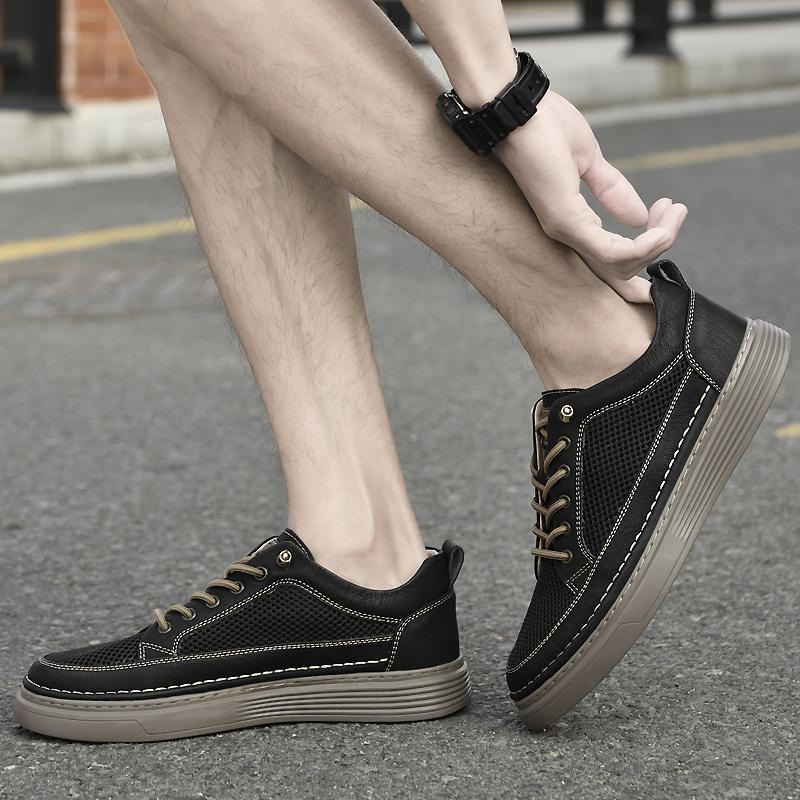 Fashion Hollow Out Men Summer Shoes Genuine Leather Mens Slip on Shoes Breathable Men Casual Driving Shoes All-match Skate Footwear Men