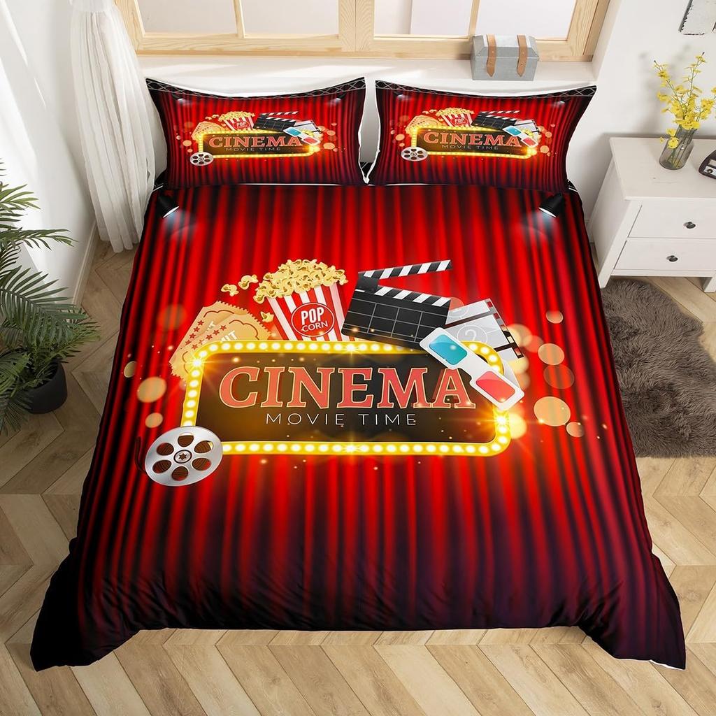 Vintage Kino Bettbezug für Familie Junge Mädchen Heimkinozimmer Dekor Vollständiges Film-Thema Bettdeckenbezug Film-Thema Bettwäscheset