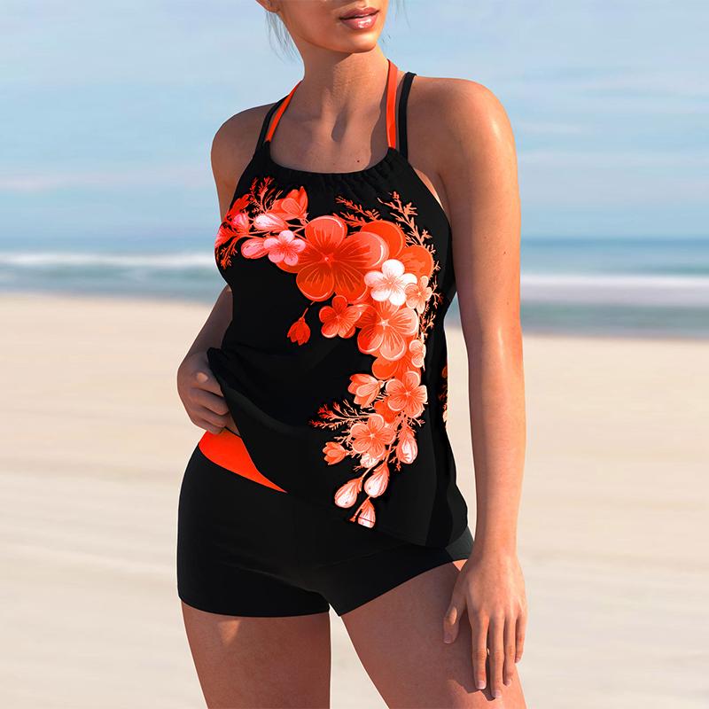 Plus-Size-Bikini-Zweiteiler-Badeanzug, Blumendruck, überkreuzte Träger, Neckholder-Tankini-Set