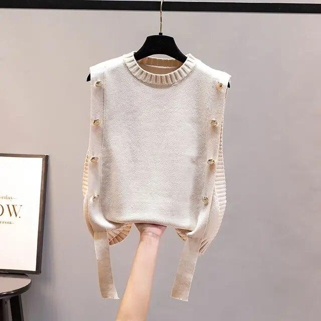 Women's Waistcoat Autumn Outer Wear Pullover Sweater Fashion Casual Ladies Sleeveless Round Neck Knitted Top
