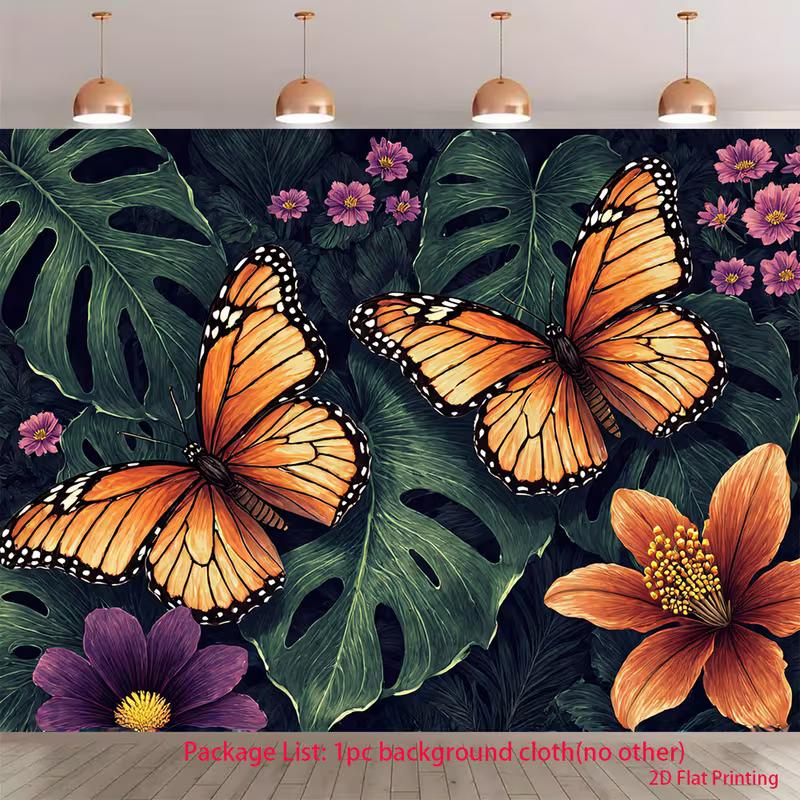 2D Orange Butterfly Backdrop, Tropical Monstera & Floral Nature Wall Decor 47.2x31.5inch/120*80cm