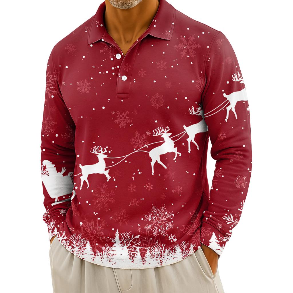 Men's Casual Christmas Print Button Long Sleeve Shirt