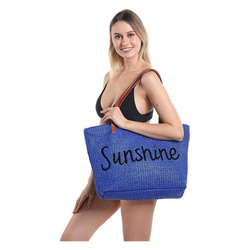 Large Women Straw Beach Bag , Waterproof Sandproof Handmade Woven Stripe Tote Bags Stitchwork With Zipper For Travel Vacation Picnic Summer Pool