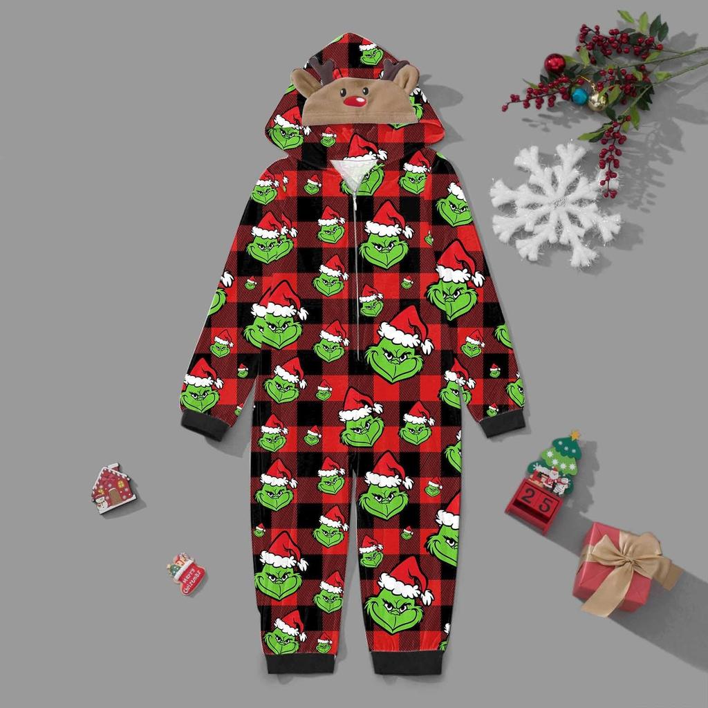 Christmas Print Family Matching Hooded Long Sleeved Zippered Jumpsuit Set
