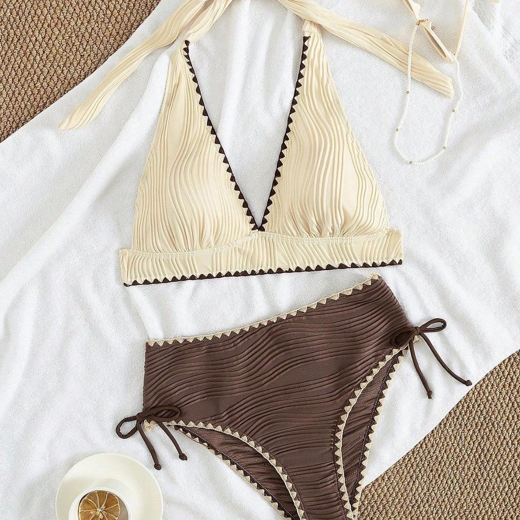 2026 New Halter Neck Bikini, Special Fabric Lace Trim Women Split Sexy Beach Swimwear