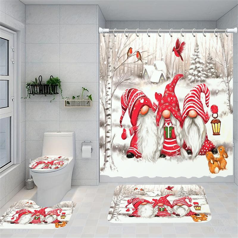 Christmas Series Shower Curtain Digital Printing Bathroom Shower Curtain Four-Piece Polyester Shower Curtain