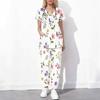Women Plus Size Cutout Neck Short Sleeve Ginkgo Leaf Printed Scrub Set White Green Pocket Top Long Pants Two Piece