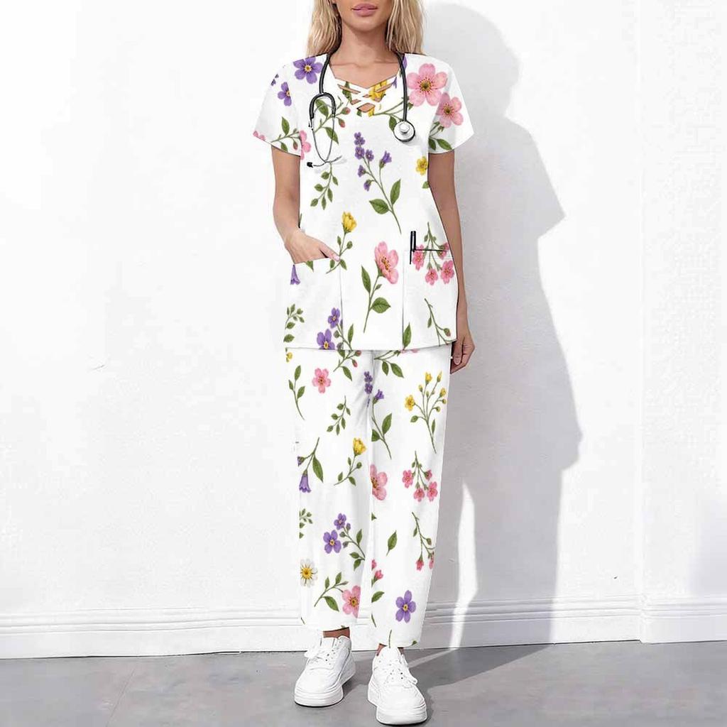 Women Plus Size Cutout Neck Short Sleeve Ginkgo Leaf Printed Scrub Set White Green Pocket Top Long Pants Two Piece