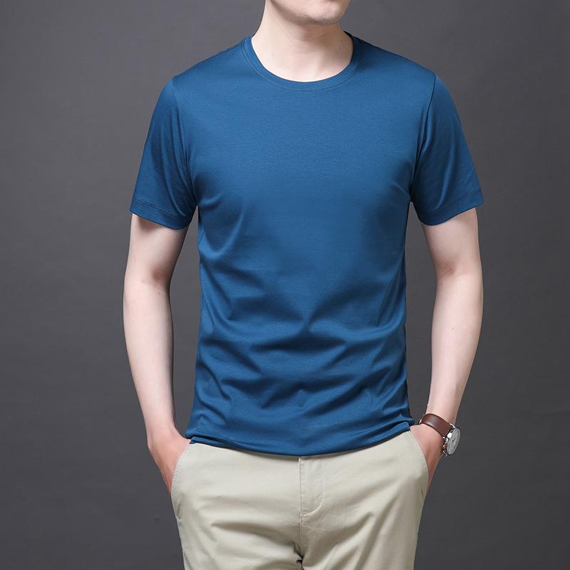 Mercerated Cotton Short-sleeved T-shirt Men's Round Neck Summer New Half-sleeved 80-pin Mercerated Cotton Loose Solid Color Top