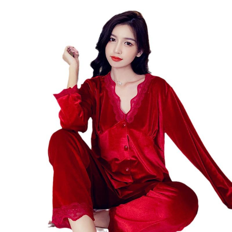 Damen Gold Samt Spitzenbesatz Pyjama Set - Langarm Strickjacke & Hose für Herbst/Winter