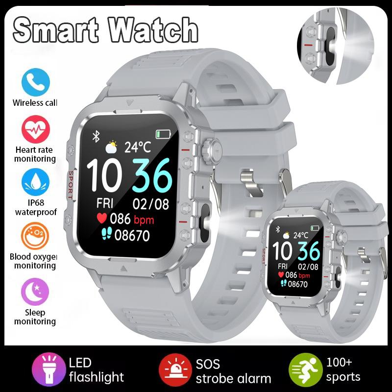 New Outdoors Smart Watch LED Flashlight IP68 WaterProof Multi-Sport Mode Heart Rate Blood Oxygen Monitoring Men Smartwatch